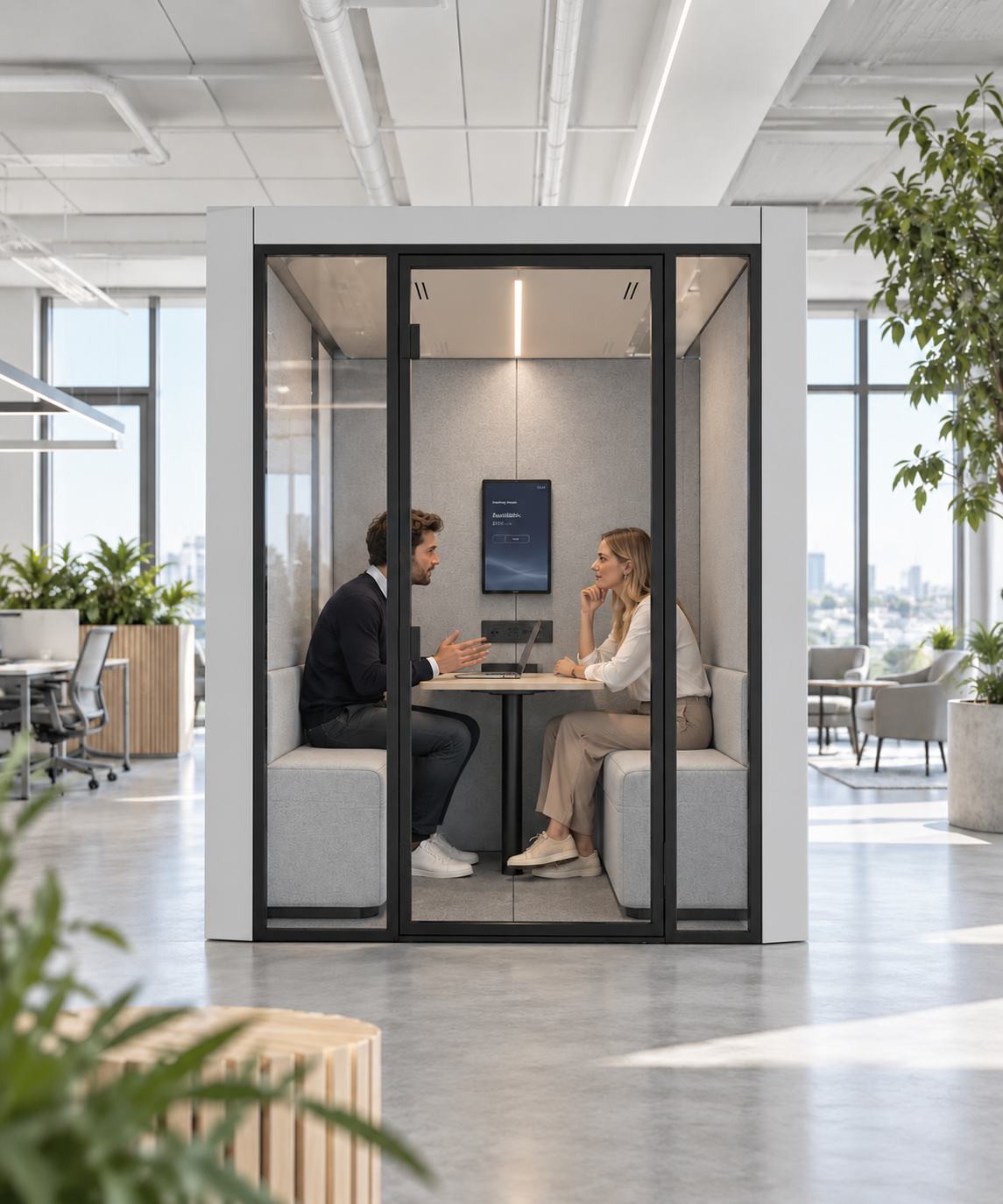 Akoestische vergaderpod voor twee personen in een moderne professionele werkruimte