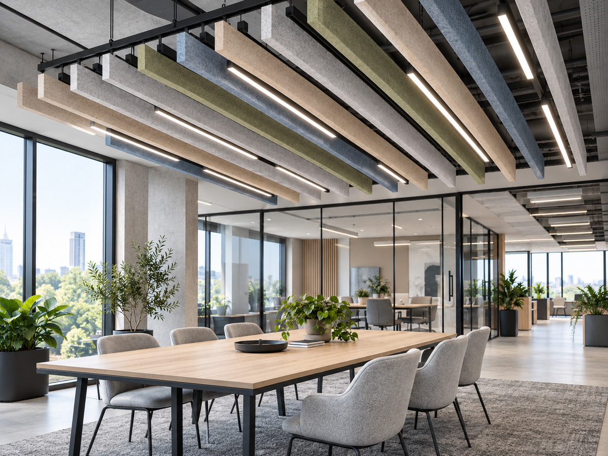 Custom coloured mounting profiles and lighting within an acoustic ceiling system
