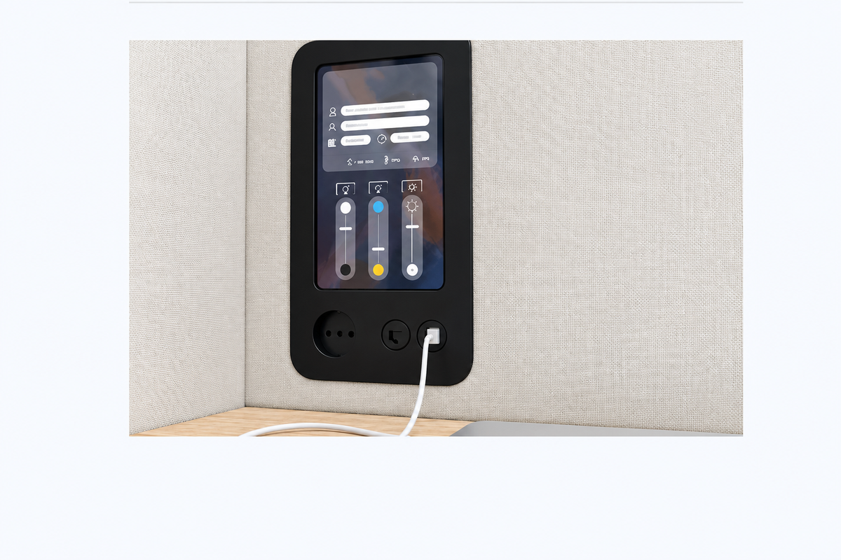 Power data HDMI and display connectivity inside a meeting pod