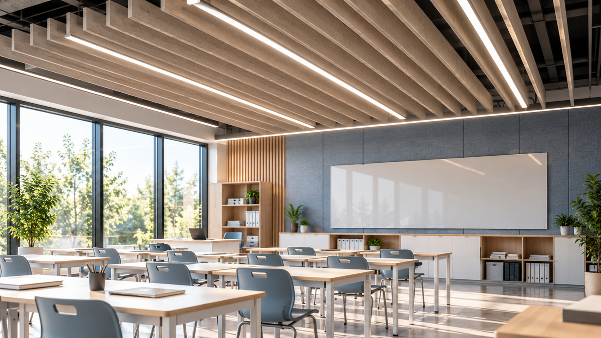 Linear LED lighting integrated between PET felt acoustic ceiling baffles