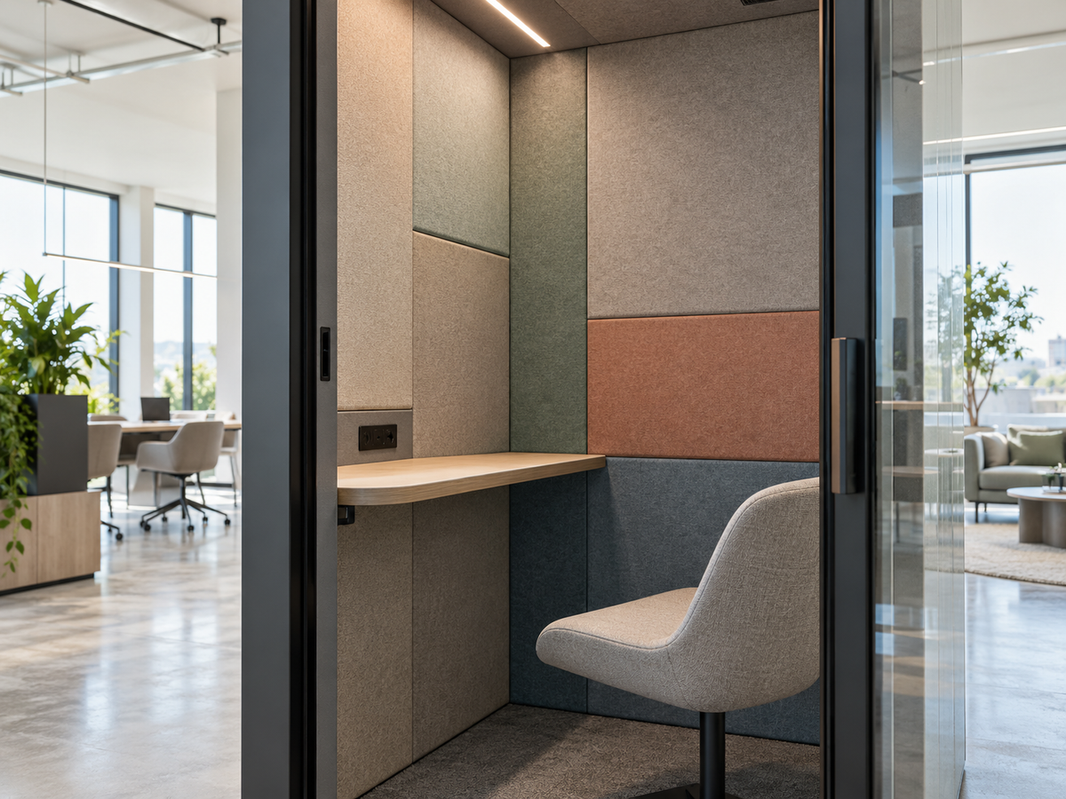 Acoustic fabric interior inside a multi-person meeting pod