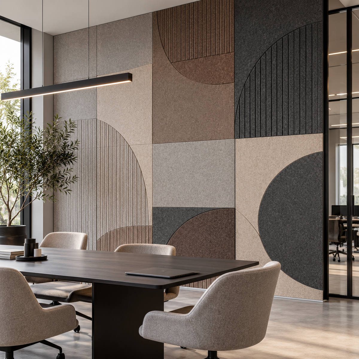 Decorative acoustic wall panels installed in a modern professional interior