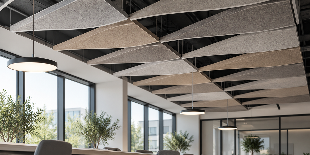 Project-specific suspended acoustic ceiling layout with modular PET felt elements