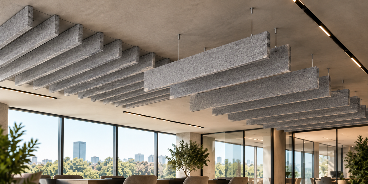 Cable suspended PET felt acoustic ceiling modules in a professional interior