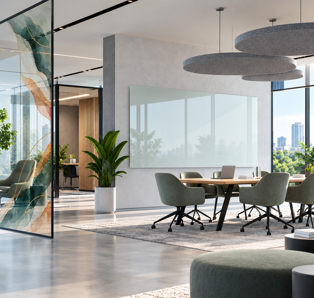 Modular acoustic private office and meeting space within a modern workplace