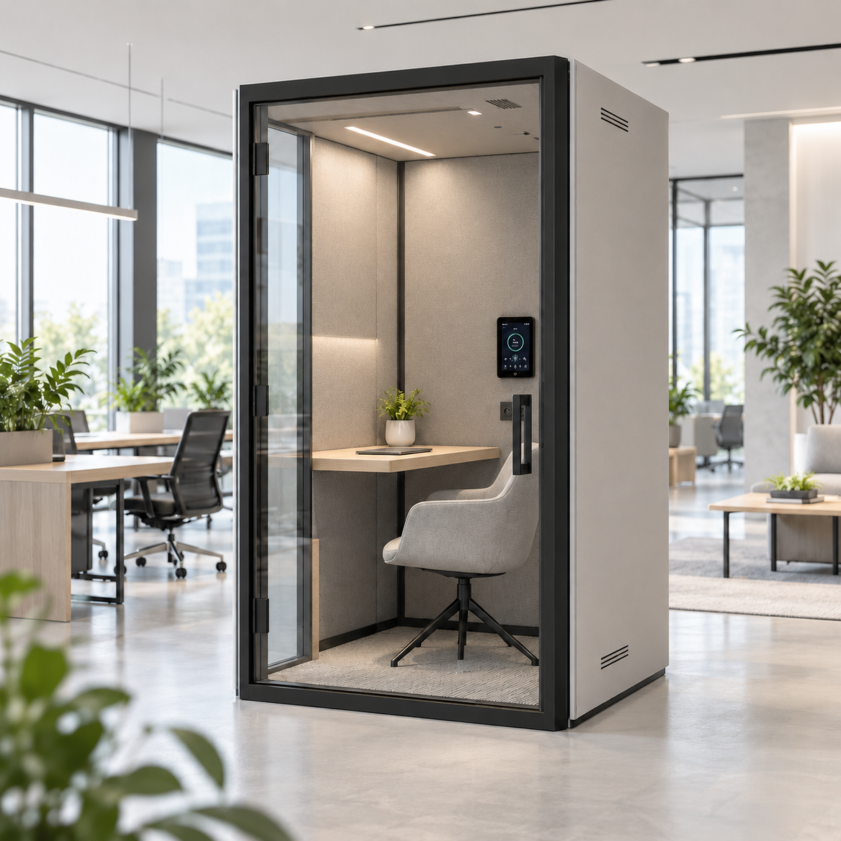 Einpersonige akustische Telefonzelle in einem modernen Bürointerieur installiert