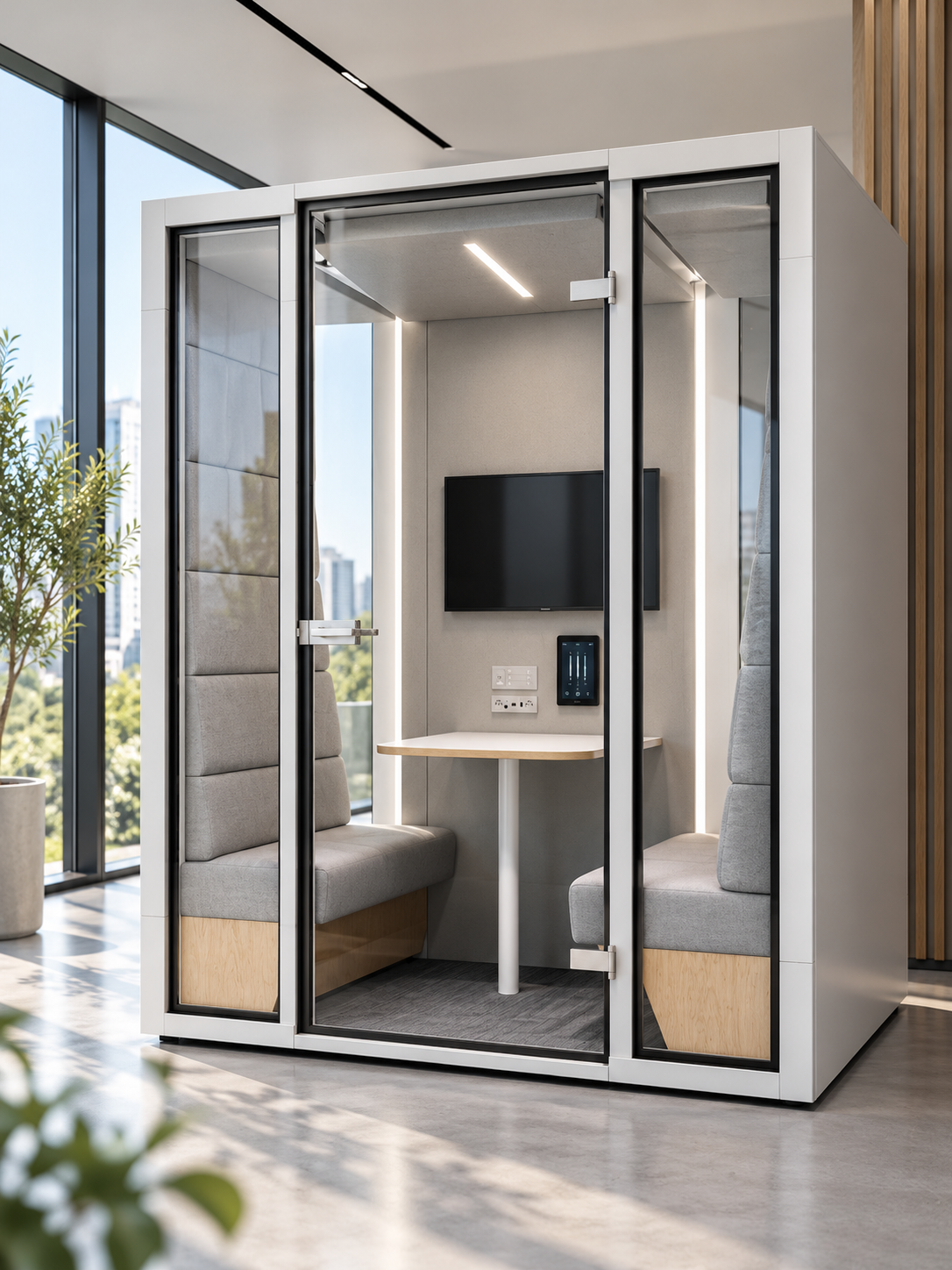 Meeting pod in a flexible coworking workspace
