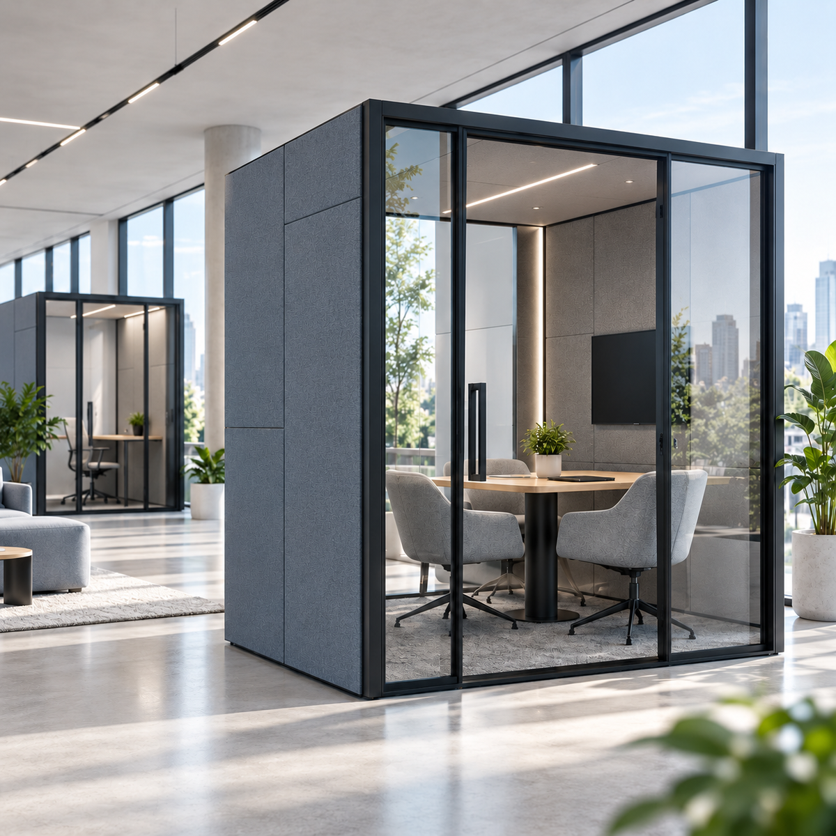Modulaire akoestische privéwerk- en vergaderruimte binnen een moderne werkomgeving
