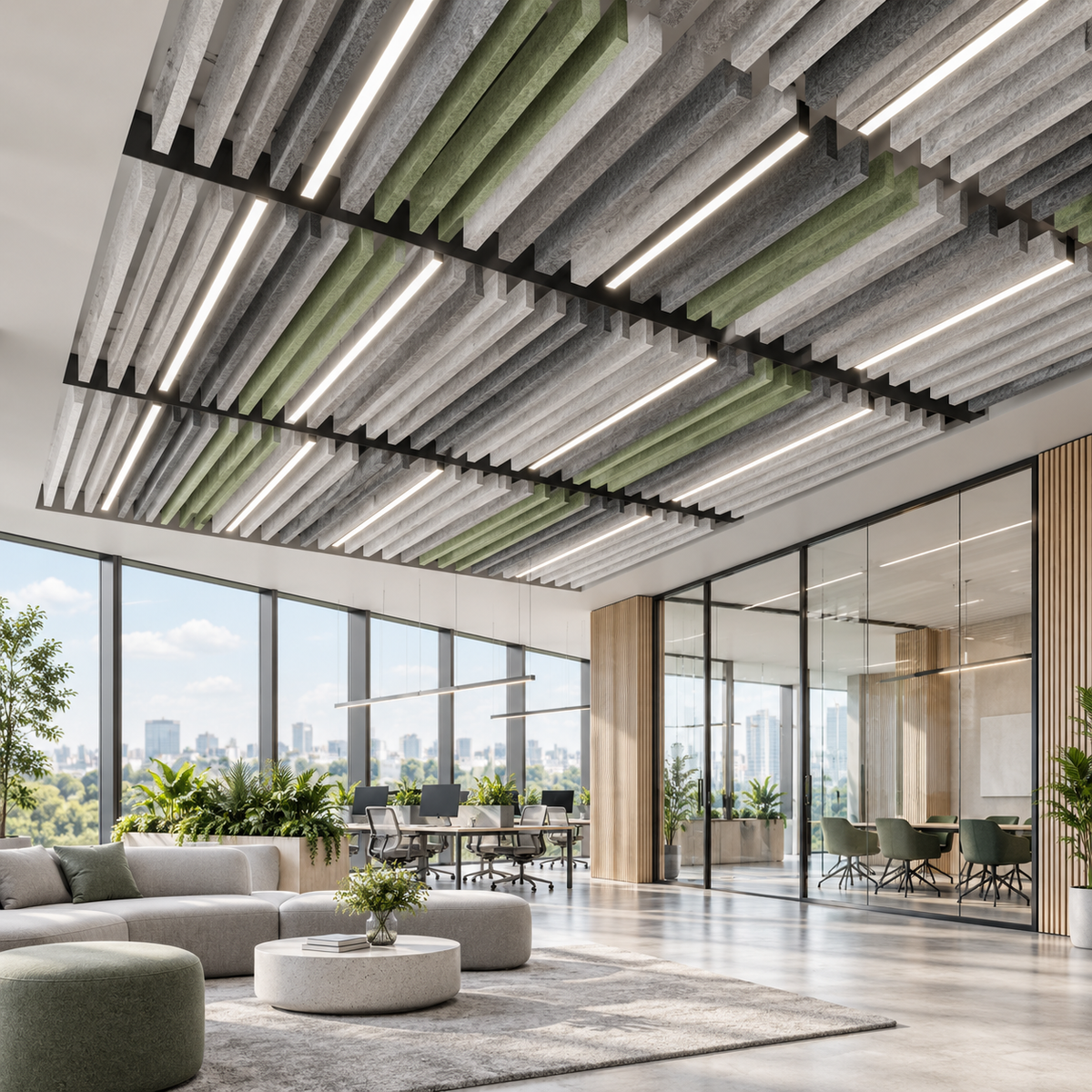 Suspended acoustic ceiling system with integrated linear LED lighting and PET felt baffles