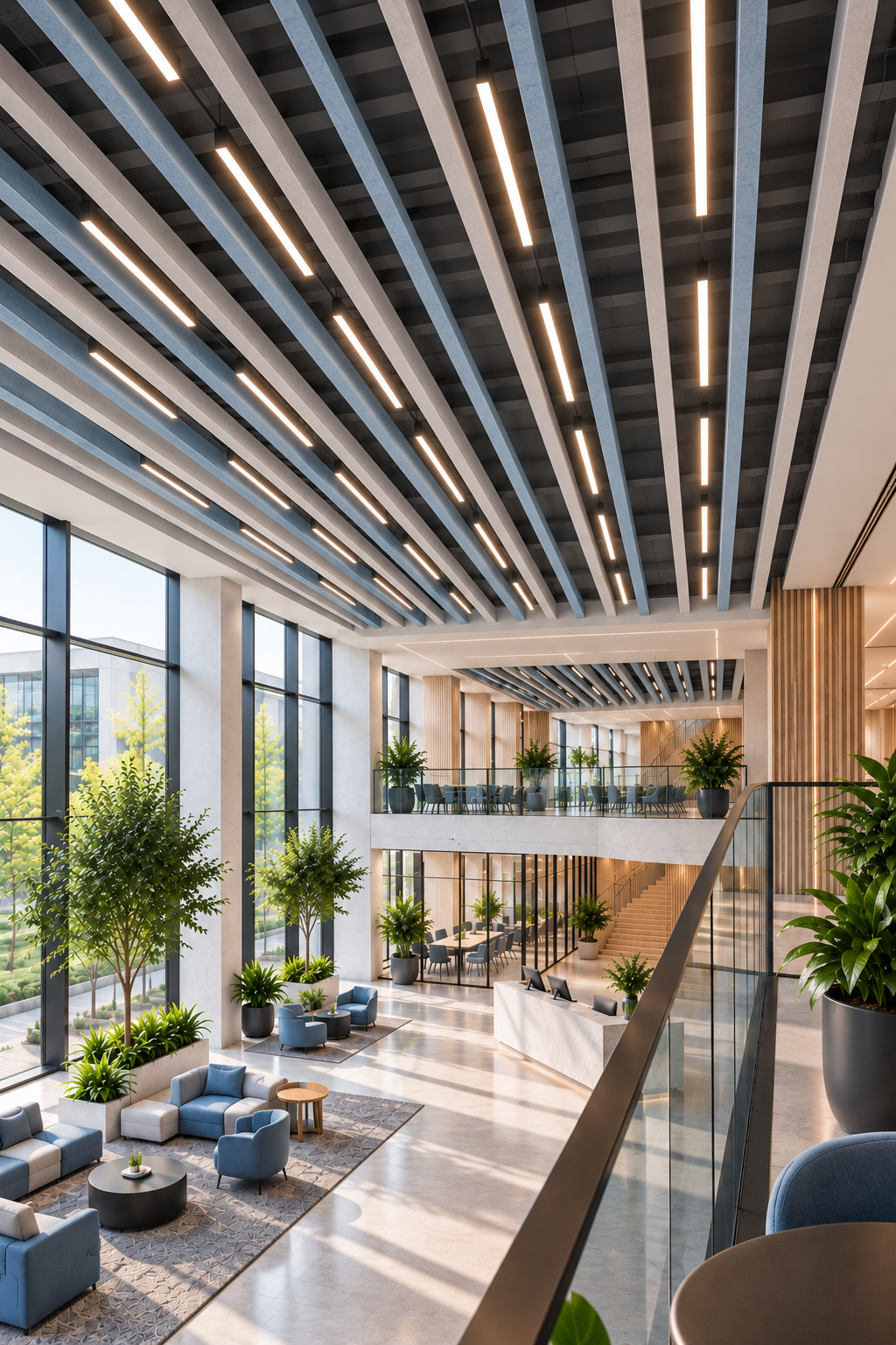 Acoustic lighting ceiling system in a modern professional interior
