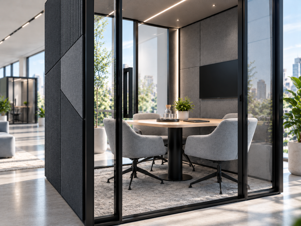 Buitenafwerking op maat voor een modulaire akoestische kantoorpod