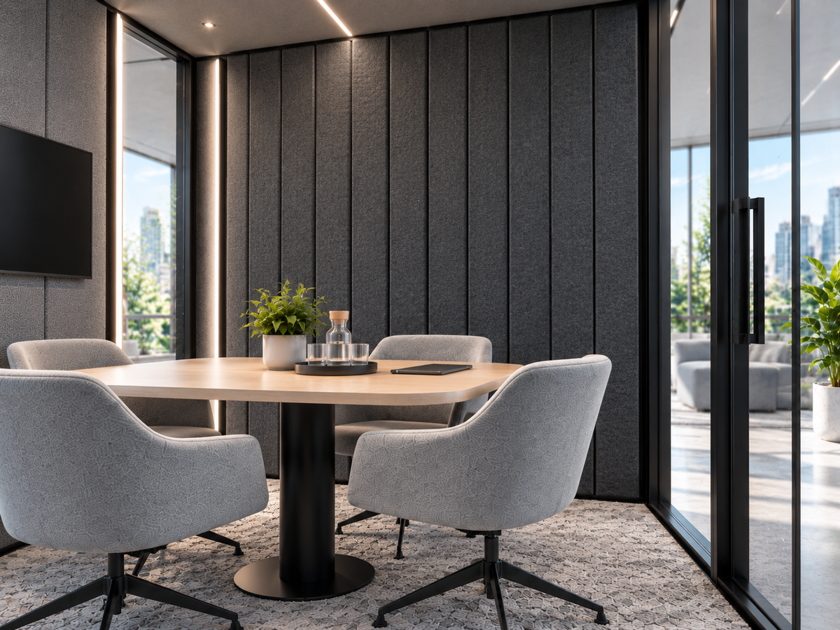 Akoestische interieurafwerking in een modulaire privéwerkruimte