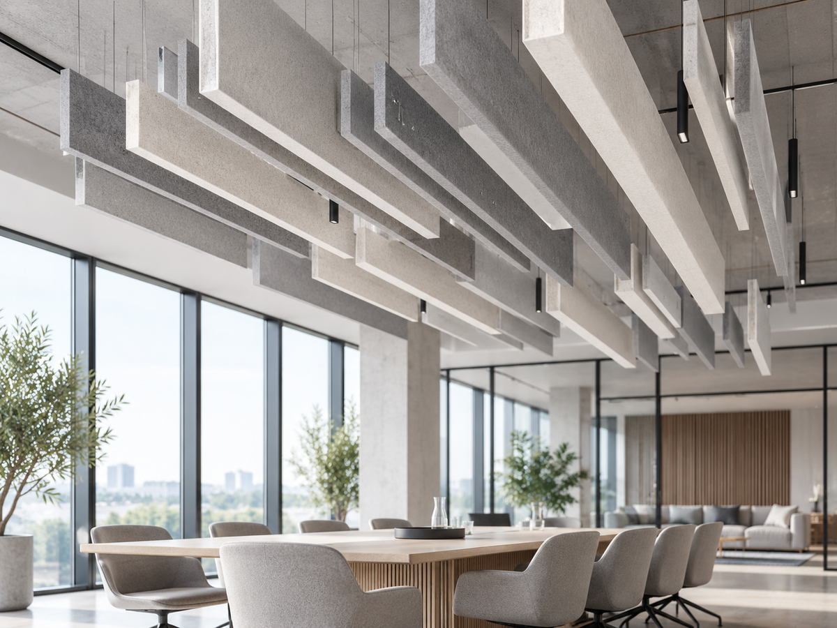 Different PET felt baffle heights used in an acoustic ceiling lighting system