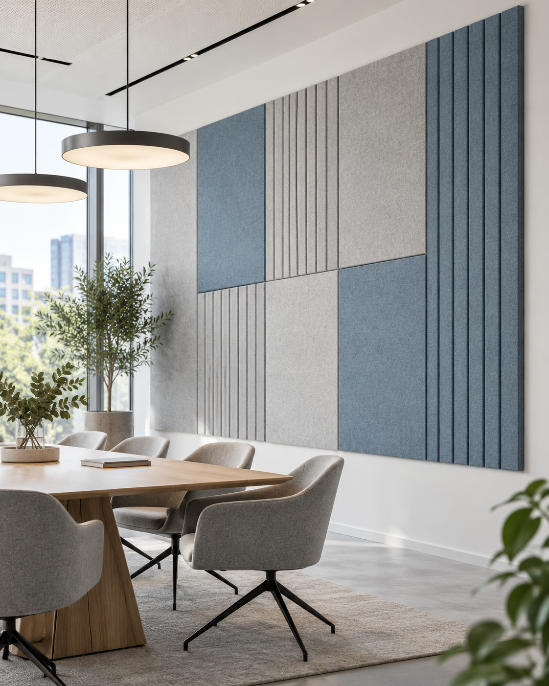 Acoustic wall panels installed in a modern office and meeting environment