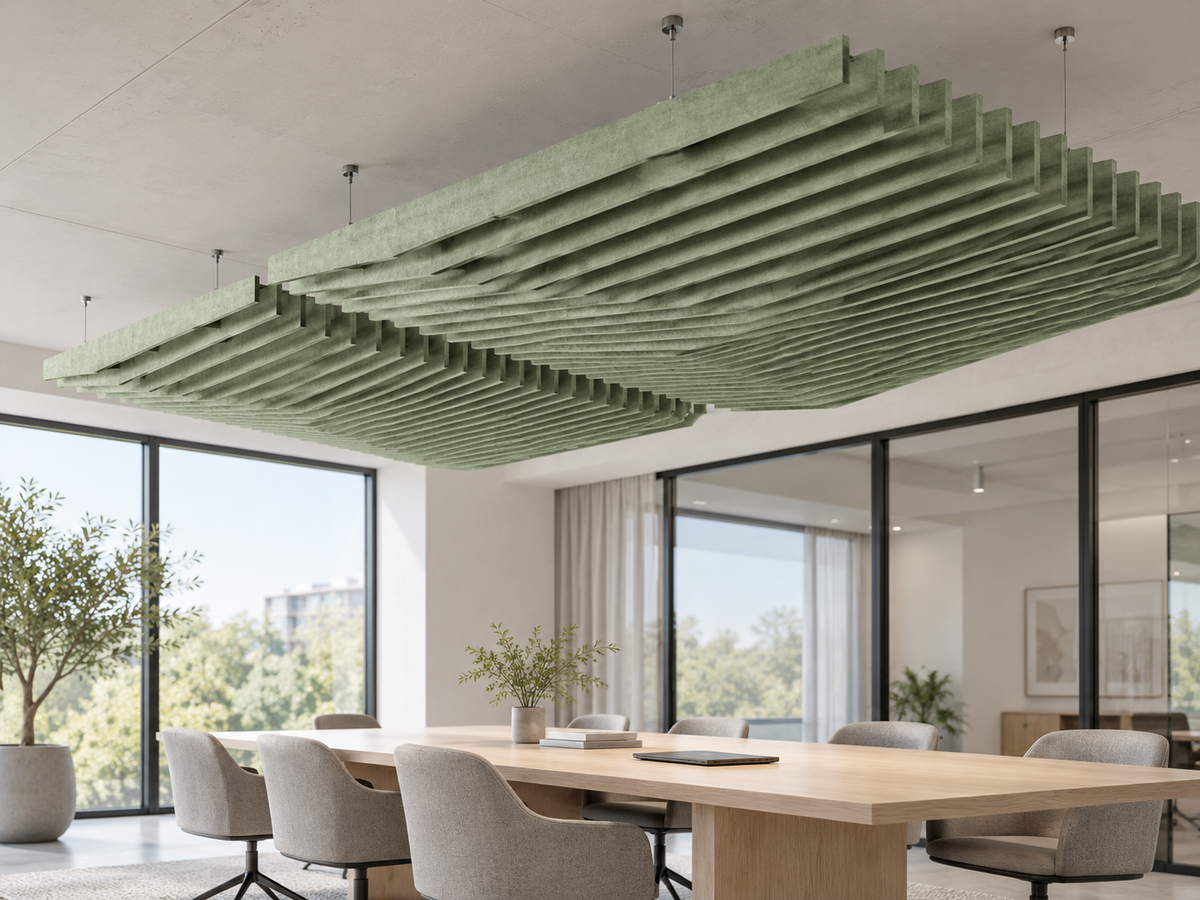 Suspended acoustic ceiling system with PET felt modules in a modern professional interior