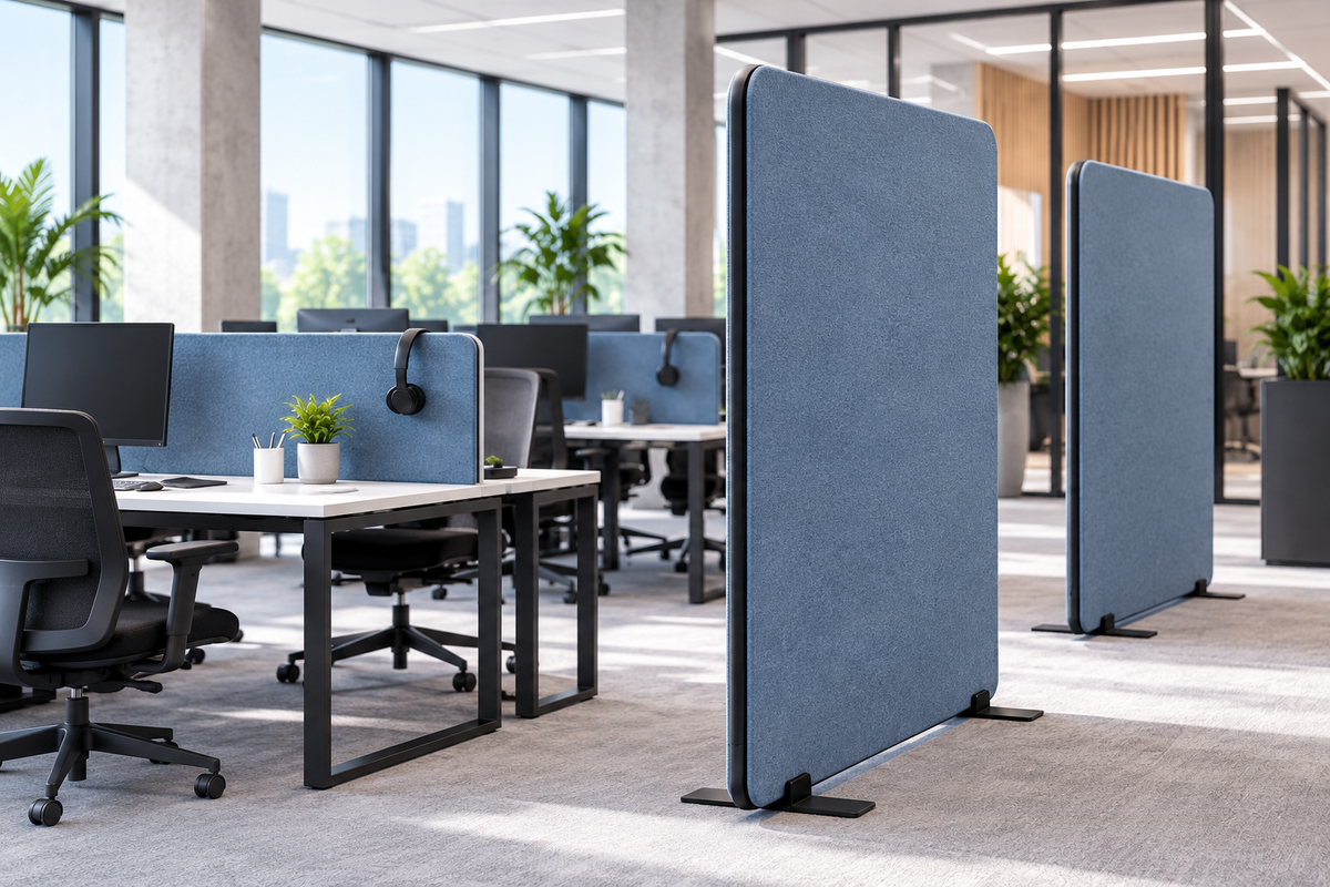 PET divisórias acústicas em feltro a separar áreas de trabalho num escritório moderno em open space