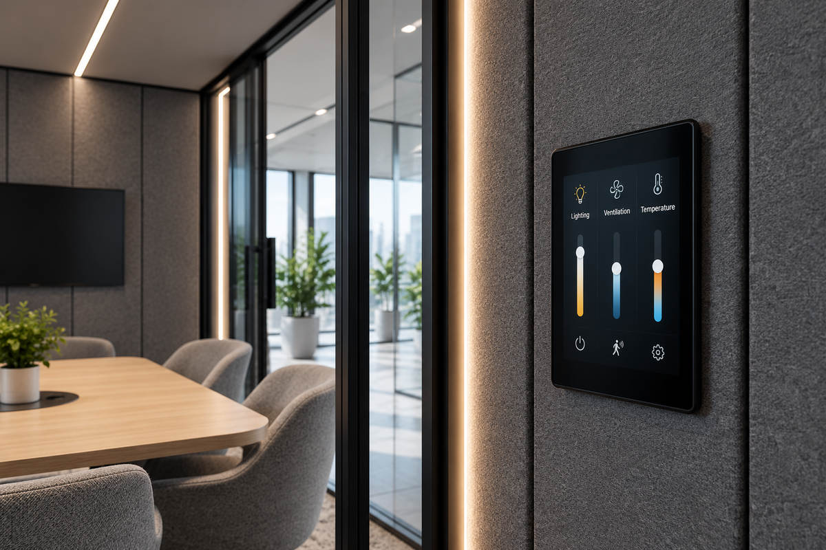 Geïntegreerde touchscreenbediening in een modulaire akoestische werkruimte