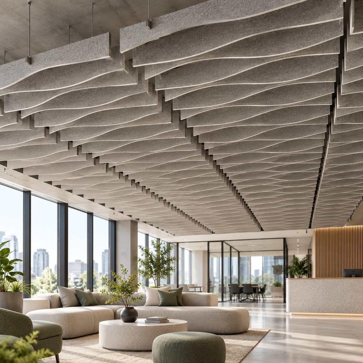Suspended PET felt acoustic ceiling system in a modern professional interior