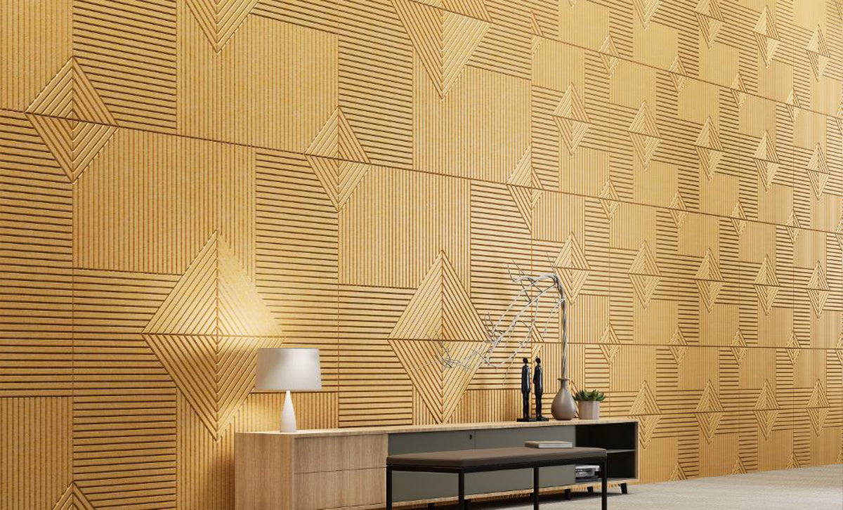 Geometric acoustic wall panel composition in a modern interior